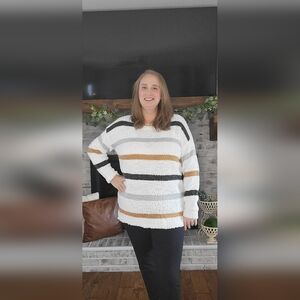 Striped Crew Neck Sweater - White, Gray, Tan